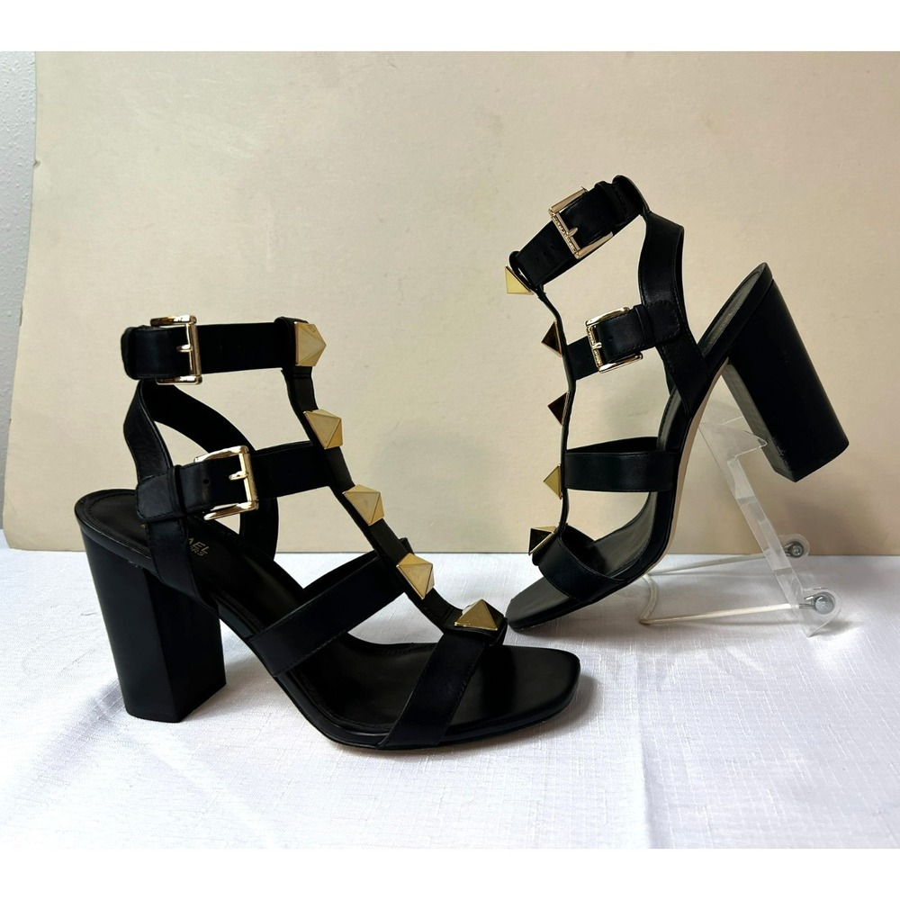 Michael Kors Wren Gladiator Ankle Sandal Black Gold Rock Studs 3.5" Heel‎ SZ 8.5